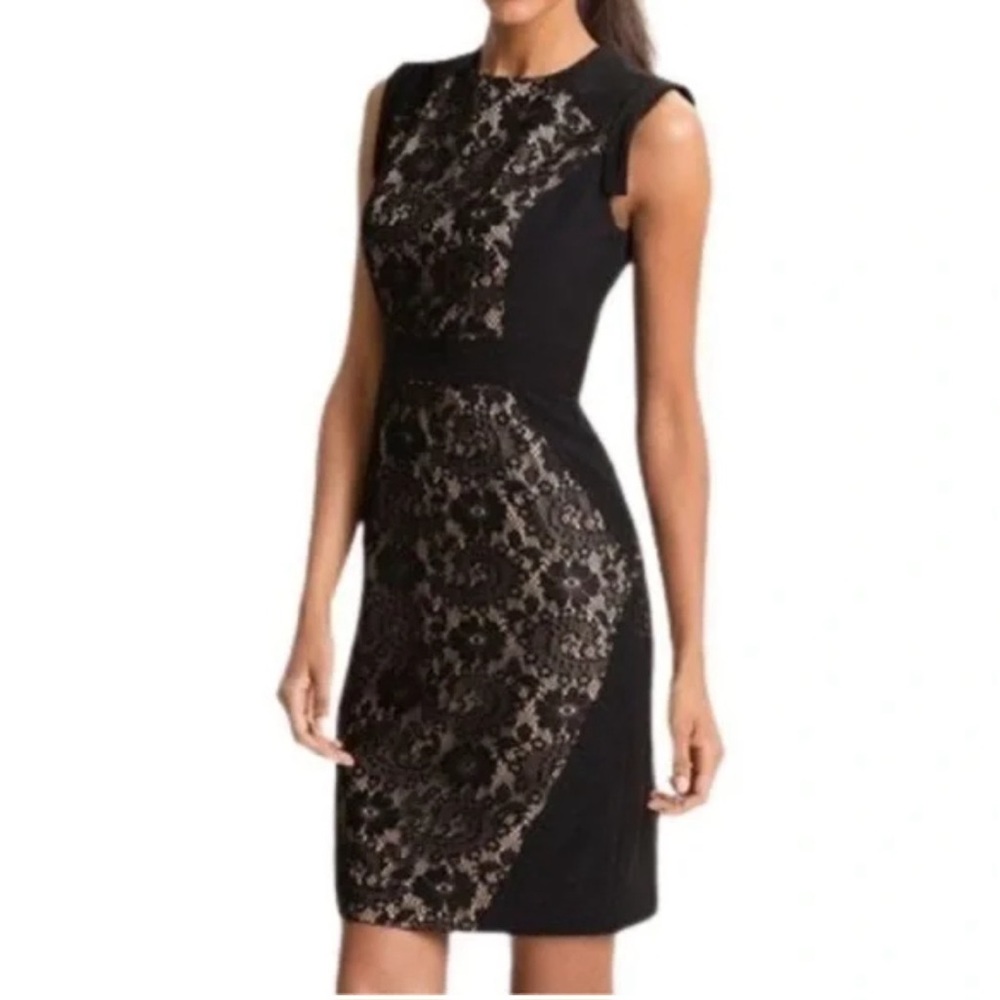 Adrianna Papell Floral Black Nude Lace Illusion Dress